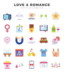 Set of 25 Love & Romance Flat Icons Pack.