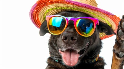 Capture a funny party dog wearing a colorful summer hat and stylish sunglasses, close-up, dynamic, Composite, isolated on a white background to emphasize playful attire - Powered by Adobe