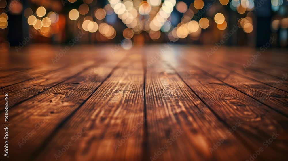 Poster capture an empty brown wooden floor with blurred abstract night light bokeh in the background, close