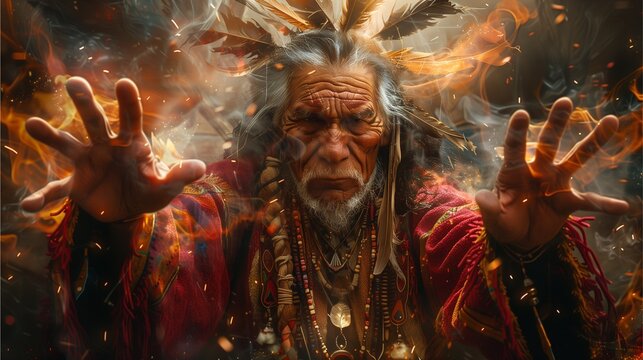 An old man, the chief of the Red Indian tribe, who has magic and sacred spells, releases magic power.