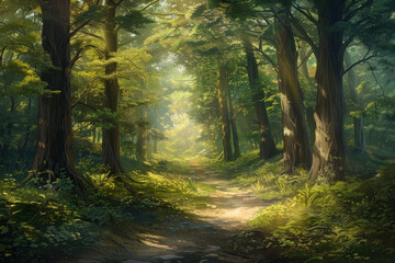 Obraz premium An enchanted forest path winding through towering trees, with sunlight filtering through the lush canopy and casting enchanting shadows on the forest floor