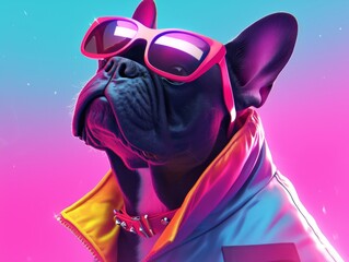 Photorealistic Glowing Neon French Bulldog Wearing Vibrant Futuristic 80s Fashion with Mirrored Sunglasses. Surreal Illuminated Apparel for Advertising and Commercial Design