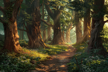 Fototapeta premium An enchanted forest path winding through towering trees, with sunlight filtering through the lush canopy and casting enchanting shadows on the forest floor
