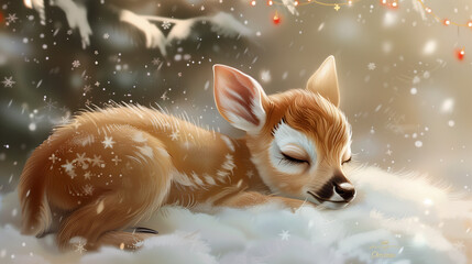 Sleeping cute reindeer baby in winter snow