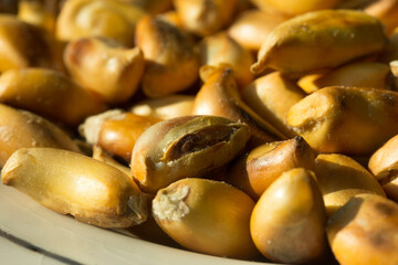 Macro photograph of Peruvian roasted corn cancha. Natural food concept.
