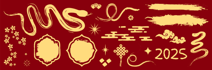 Chinese new year clipart. Hand drawn texture elements, frame, ink brush snake. Traditional decorative jewelry collection for card, print, flyers, posters, merch, covers. Vector illustration.