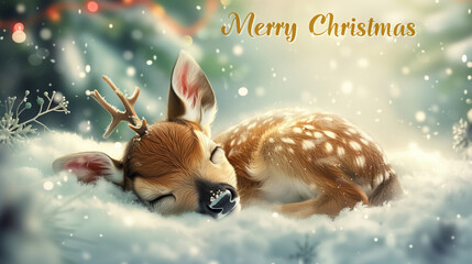 Sleeping reindeer baby in winter snow merry christmas