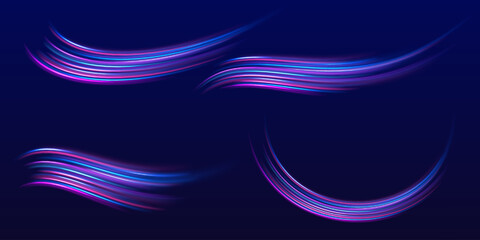 Minimalist sports background with a touch of dynamism. High speed effect motion blur night lights blue and red. Neon color glowing lines background, high-speed light trails effect.