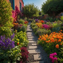 
A vibrant urban garden with colorful flower beds.