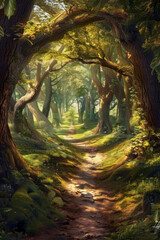 An enchanted forest path winding through towering trees, with sunlight filtering through the lush canopy and casting enchanting shadows on the forest floor