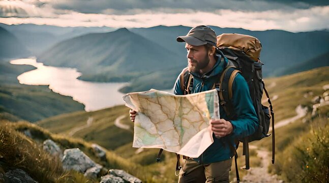 Wanderer mit gro&szlig;em Rucksack h&auml;lt Landkarte in den H&auml;nden und sucht den Weg