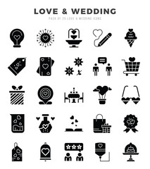 Set of Love & Wedding Icons. Simple Glyph art style icons pack.