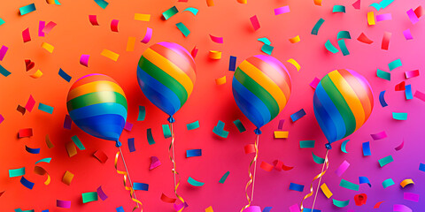 Concept of pride day celebration and festivities with raibown balloons and confetti. Can be used as background.