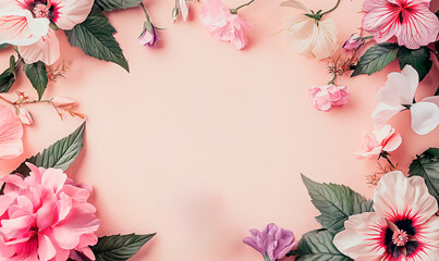 Feminine flat lay banner with flowers on pastel pink background. Can be used as background.