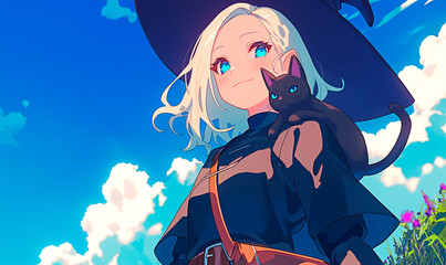 A kawaii anime witch girl with her black cat companion under blue skies. Concept of magical and fantasy anime character.