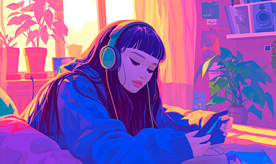 A young woman relaxing and listening to music on headphones indoors. Lofi style. Concept of cozy beats and young music lover.