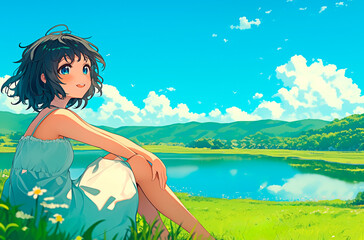 Kawaii anime girl embracing nature in a serene green field in a summer or spring day.