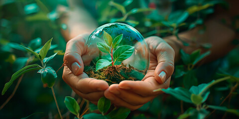 Concept of eco-care and nurturing nature. A hand holding a glass globe with a delicate green plant inside.