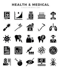 Fototapeta premium Set of HEALTH & MEDICAL Icons Glyph icons collection.