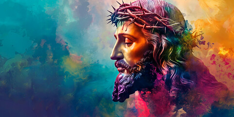 Colorful side view portrait of Jesus Christ wearing the crown of thorns on colorful background with space for text. Can be used as background. Jesus Christ abstract artwork.