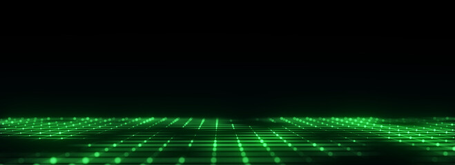 Abstract technology perspective grid. Detailed wireframe landscape with lines on black background. Digital space with mesh. 3d rendering.