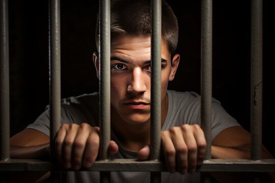 Portrait of a teenage prisoner staring intently into the camera behind the bars of a prison cell.
