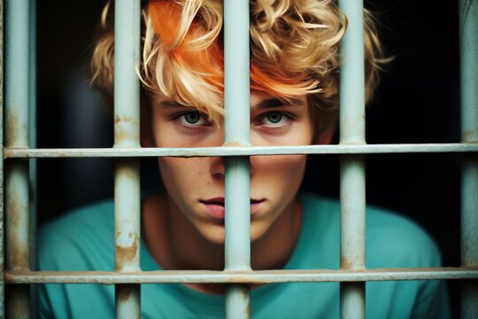 Portrait of a teenage prisoner staring intently into the camera behind the bars of a prison cell.
