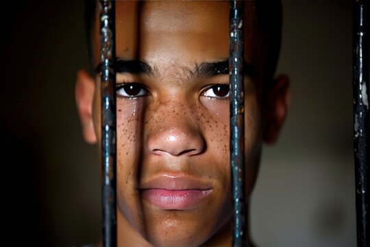 Portrait of a teenage prisoner staring intently into the camera behind the bars of a prison cell.
