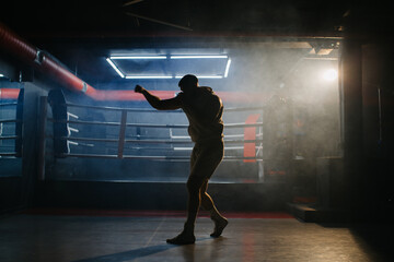 A male boxer is boxing with a shadow on the background of a boxing ring. A boxer practices his...