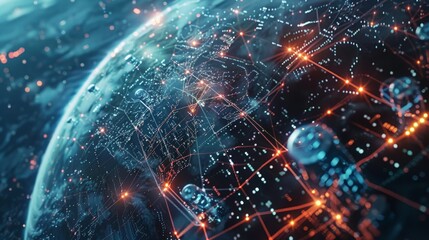 Obraz premium Artificial intelligence looking at smart city, connected with planet through global mobile internet on phone