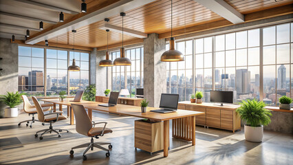 A bright coworking office interior with wooden accents and concrete walls, featuring a panoramic window overlooking the city skyline.