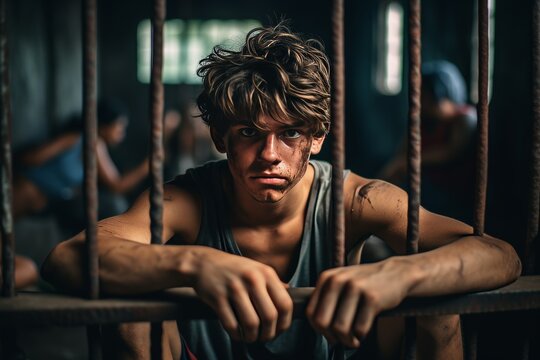 man behind bars in prison. The prisoner looks into the camera