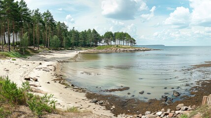 a serene lake surrounded by pine forests, with stones and pebbles lining the beach, under a cloudy summer sky, embodying the essence of a bygone era.