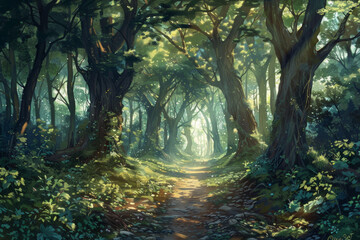 An enchanted forest path winding through towering trees, with sunlight filtering through the lush canopy and casting enchanting shadows on the forest floor