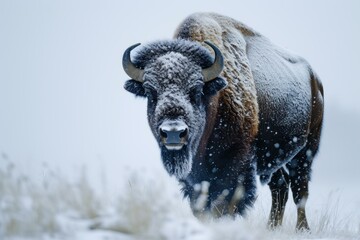 Tranquil Bison snow winter forest. Animal park. Generate Ai
