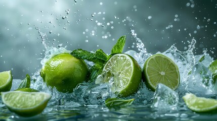 Lime fruit slice, leaves and green juice splash. Vector background with 3d water wave, citrus piece, ice cubes and mint foliage flying. Realistic mojito drink, tea, cocktail refreshing beverage swirl