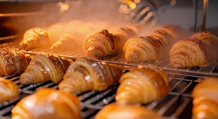 Baker preparing golden croissants in closeup oven macro shot. Concept Baking, Croissants, Oven, Closeup shot, Macro photography