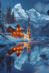 Fototapeta premium Winter Wonderland, Cabin Reflected in Icy Blue River, Generative AI