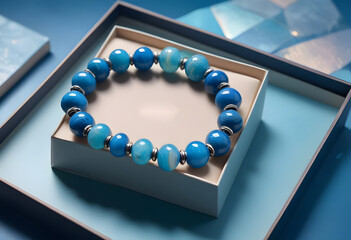 Bransoletka z kamieni naturalnych niebieskich amazonitów i agatów na pudełku na biżuterię. Klasyczne i piękne kamienie z dodatkami ze srebra i złota