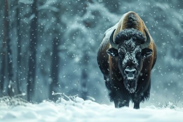 Wintry Bison animal snow forest. Park animal. Generate Ai
