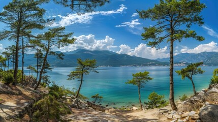 a serene lake surrounded by pine forests, with stones and pebbles lining the beach, under a cloudy summer sky, embodying the essence of a bygone era.