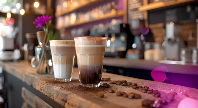 Charming cafe atmosphere with expertly crafted coffee and latte art. Concept Coffee Culture, Latte Art, Cafe Ambiance, Expert Baristas, Charming Atmosphere