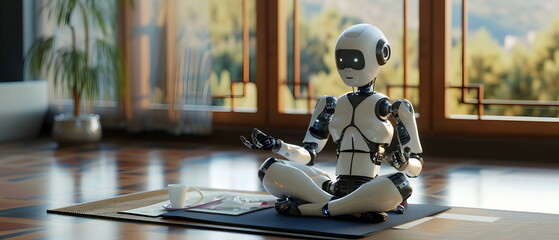 Fototapeta premium Robots are learning new skill, imitate human behavior yoga meditation poses. Demonstrates the learning ability of artificial intelligence