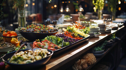 Catering: Delicious food and beverage display on the table.