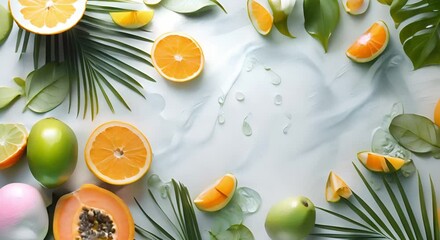 Tropical palm leaves and exotic fruits create a festive summerthemed background. Concept Tropical Photoshoot, Exotic Fruits, Summer Vibes, Festive Backdrop, Palm Leaves