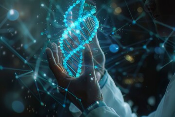 Medicine doctor holding blue helix DNA structure on hologram modern virtual screen interface and diagnose healthcare on digital network, Science, Medical technology and futuristic concept