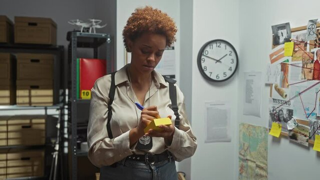 A focused black woman detective takes notes in a cluttered police station office with evidence board.