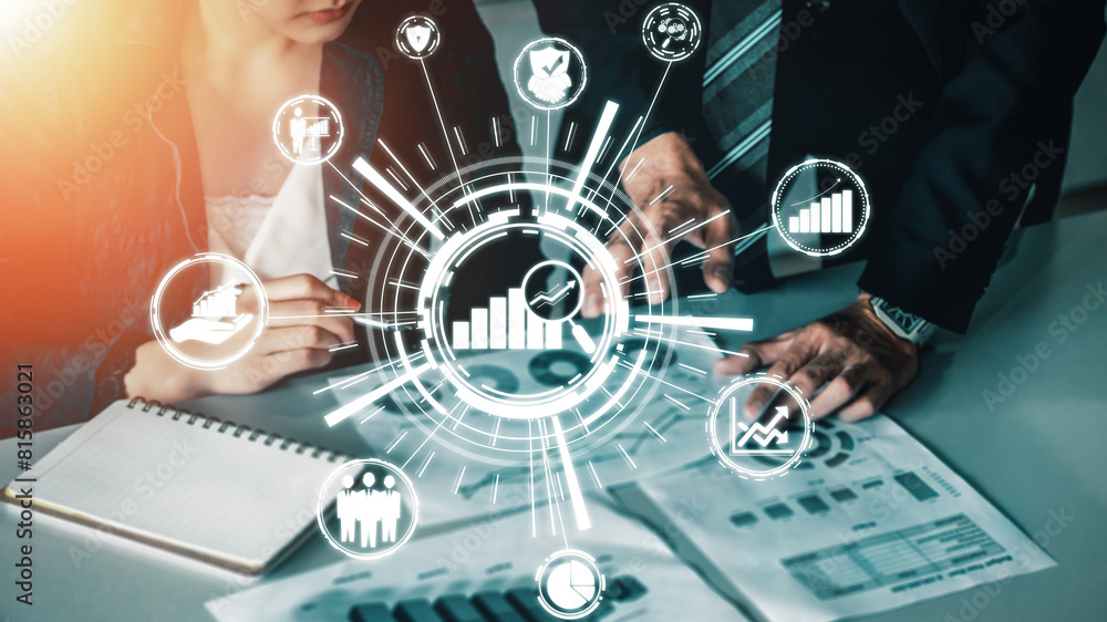 Poster data analysis for business and finance concept. interface showing future computer technology of prof