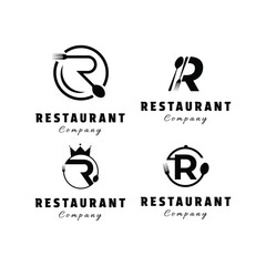 set of company logo design restaurant letter r with spoon, fork and crown