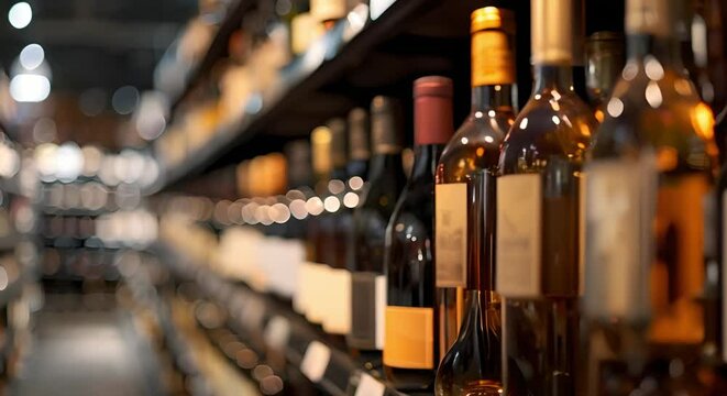 Blurry wine bottles on shelves in supermarket store background with copy space. Concept Supermarket, Wine Bottles, Blurry Background, Copy Space